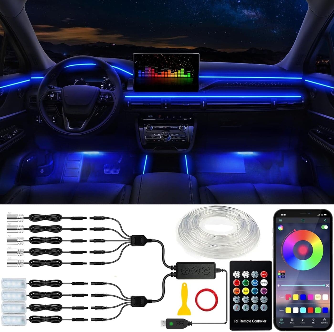 Jushope Car LED Lights - Interior Ambient Lighting Kit with Wireless APP/RF Remote Control, 236" Fiber Optic RGB Sync to Music (9 in 1-USB)