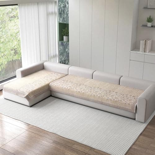Nendle Superior Velvet Floral Sofa Mat 5 Seater Set Durable Protector for Living Room Mat 3 Seater and 2 Seater, Suitable for L Shape, Sectional and U Shape Sofa (Beige, Pack of 2)