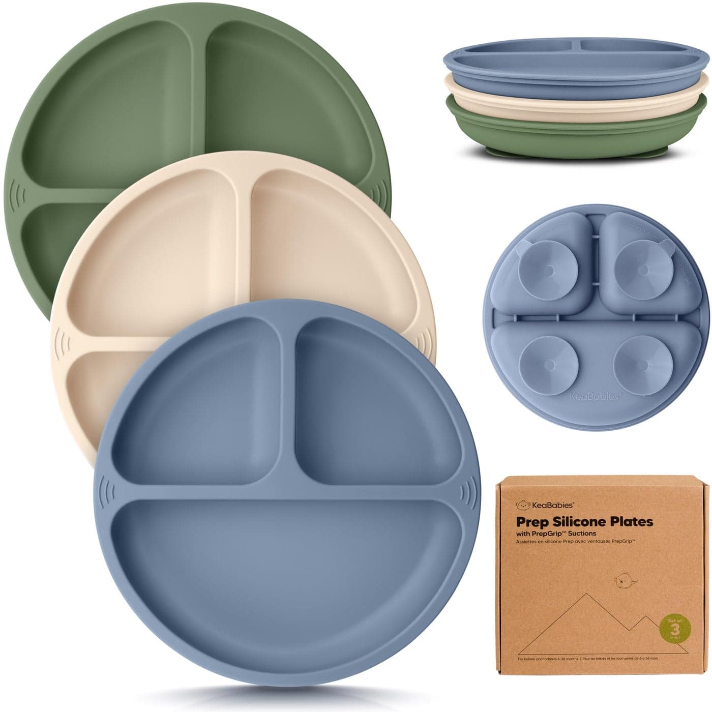 KeaBabies Suction Plates for Baby, Toddler - 3-Pack 100% Silicone Toddler Plates, Divided Baby Plates with Suction, Silicone Plates for Baby, Kids, BPA-Free, Microwave, Dishwasher Safe (Slate)
