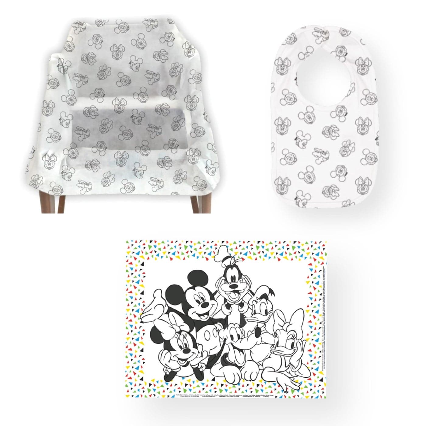 JL Childress Disney Baby Dining Out Bundle Disposable Table Placemats Bibs for Baby High Chair Covers for Restaurant Kids Travel Essentials for Eating 3 Bundles