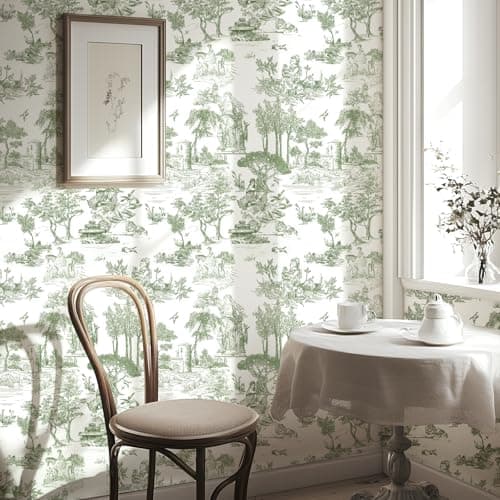 WENMER Toile Wallpaper, 17.7" X 590" Green and White Peel and Stick Wallpaper, Toile de Jouy Wall Paper, French Vintage Contact Paper for Bedroom, Walls, Backdrop, Cabinet, Home Decor