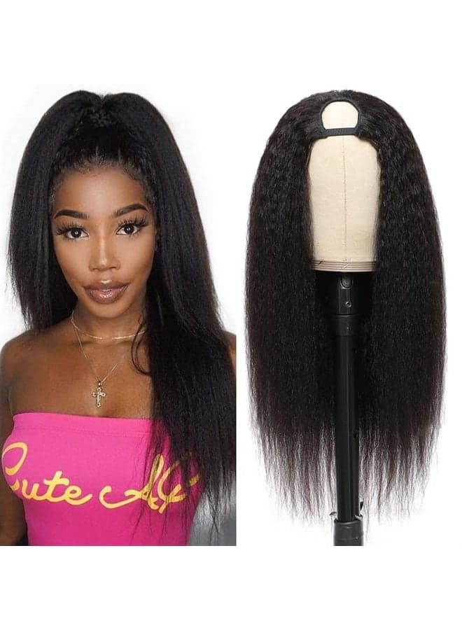 U Part Wig Human Hair Kinky Straight Human Hair Wigs, 22 inch Half Wig Italian Upart Human Hair Wigs for Black Women Upgraded U Shape Clip in Wigs Yaki Straight