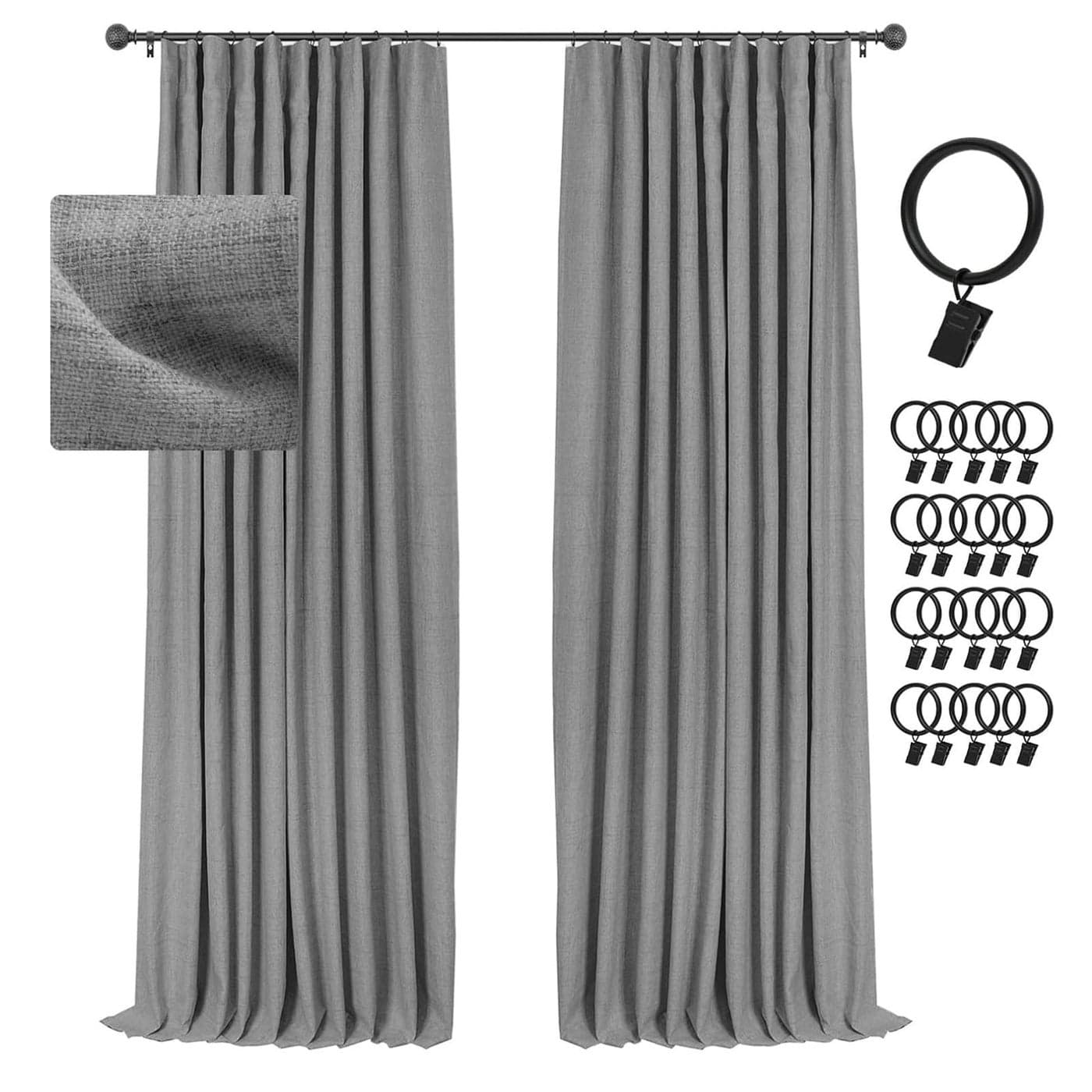INOVADAY 100 Blackout Curtains for Bedroom Black Out Curtains 96 Inch Long Clip Rings Linen Blackout Drapes Thermal Insulated Room Darkening for Living Room 2 Panels DarkgreyW50xL96