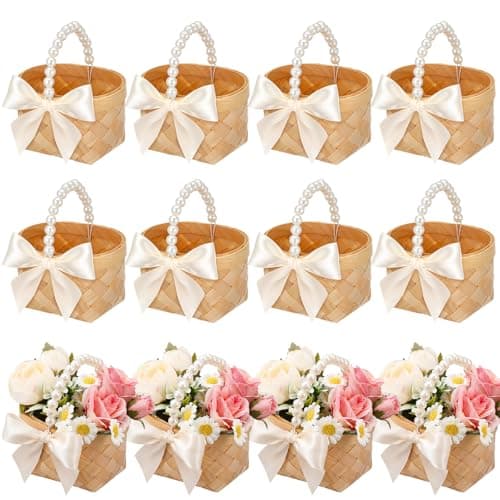 Geelin 12 Pcs Mini Flower Girl Basket Mini Woven Baskets with Pearl Handles Wood Chip Flower Fruit Picnic Holder with RibbonCh ip Bucket for Wedding Party Gifts Baby Shower Birthday Party Decoration