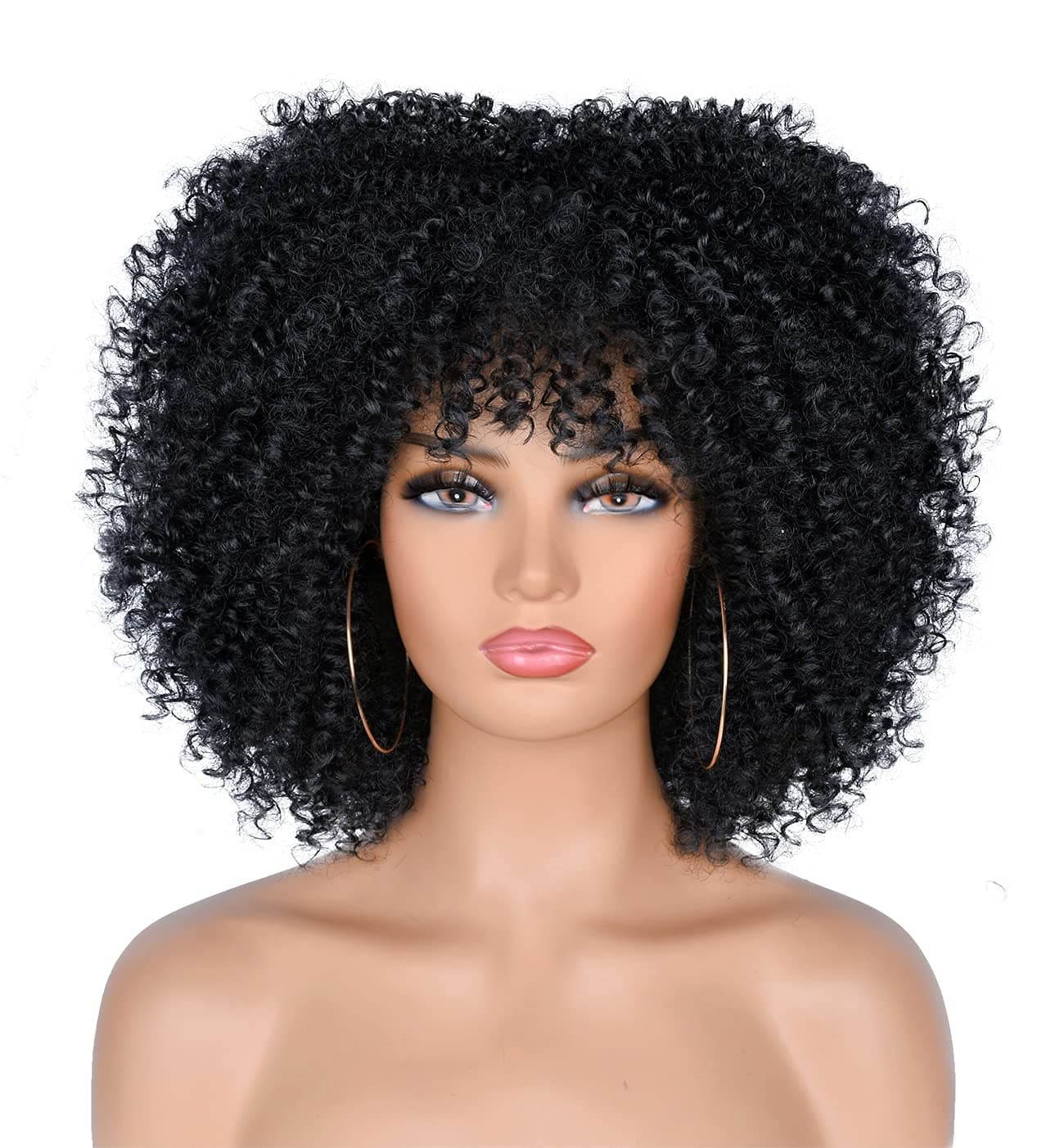 ANNISOUL 10Inch Short Curly Afro Wigs for Black Women Bomb Afro Kinky Curly Wig with Bangs Synthetic Fiber Full Wig(Black)