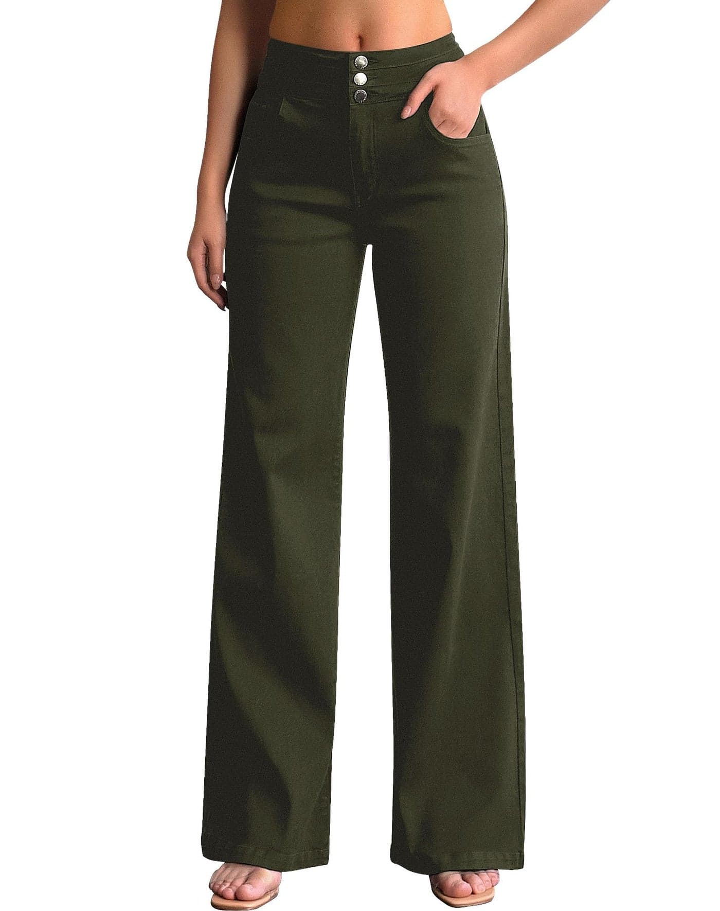 roswear Womens Wide Leg Jeans Casual High Waisted Stretch Baggy Loose Denim Pants Army Green XLarge