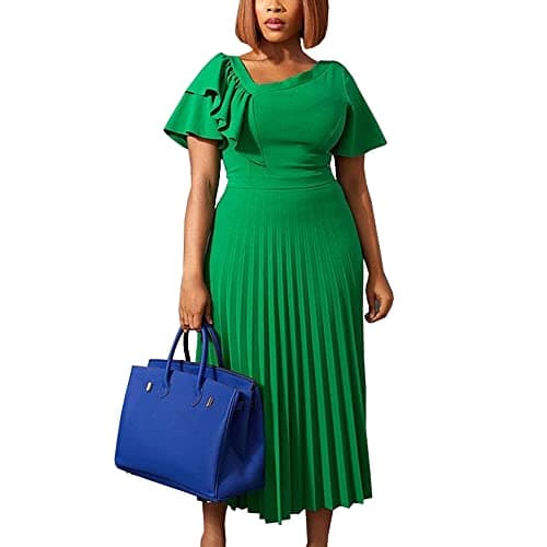 AOMEI Women's Green Short Sleeve Asymmetrical Ruffles High Waist Pleated Hem Midi Spring Dress (1XL,X-Large)