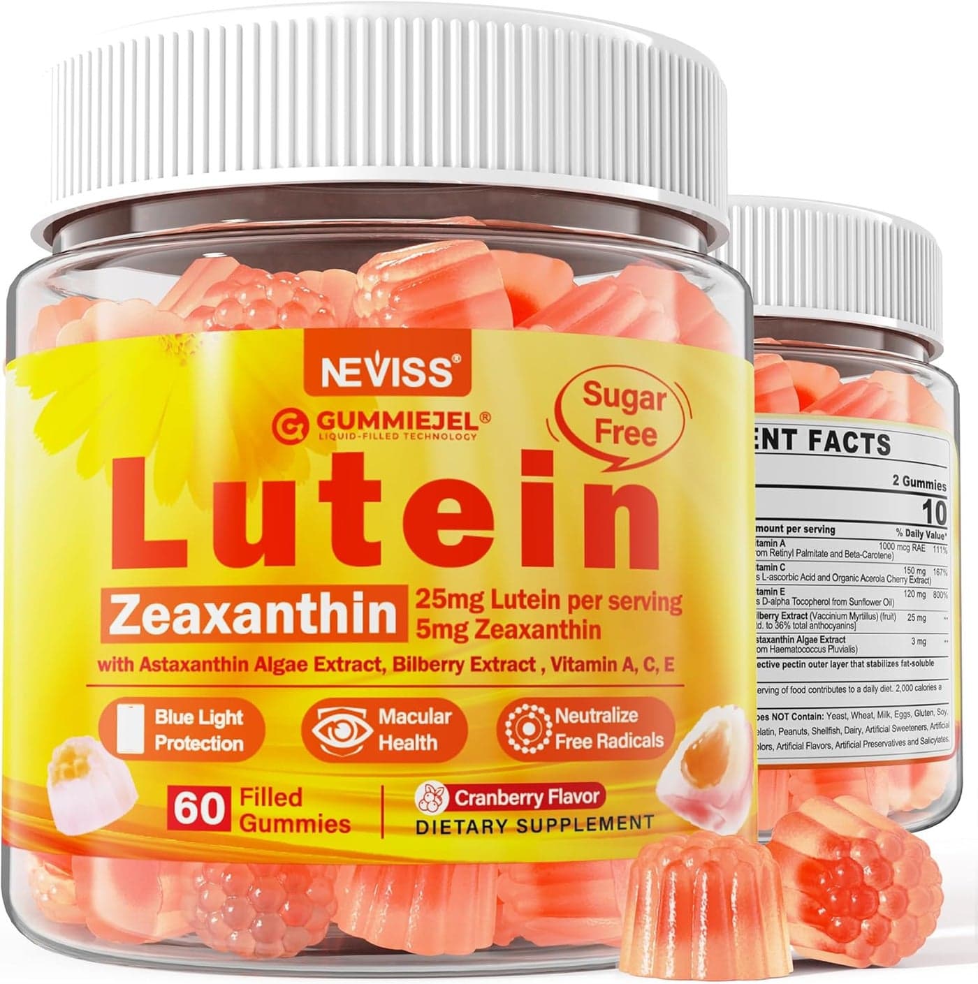 SugarFree Lutein Zeaxanthin Supplements Gummies 25mg Vitamins A C E Bilberry Astaxanthin Coconut Oil for Better Absorption Adults Teens Vision Health Eye Strain Dry Eyes Vegan 60Cts