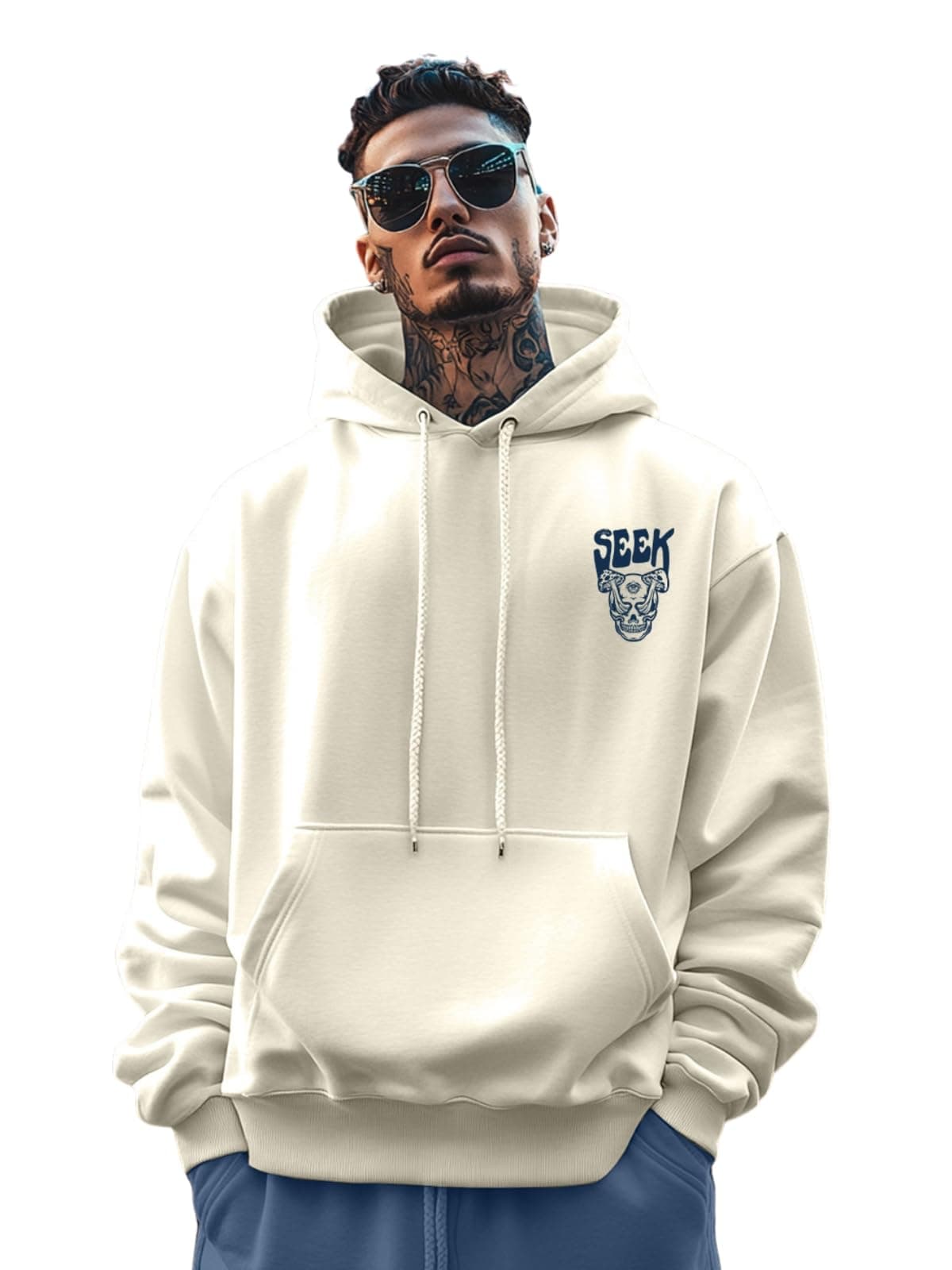 Veirdo® Cotton Polly Fleece Oversized Fit Off White Graphic Hoodie for Men (VH0423MMPT67_S)