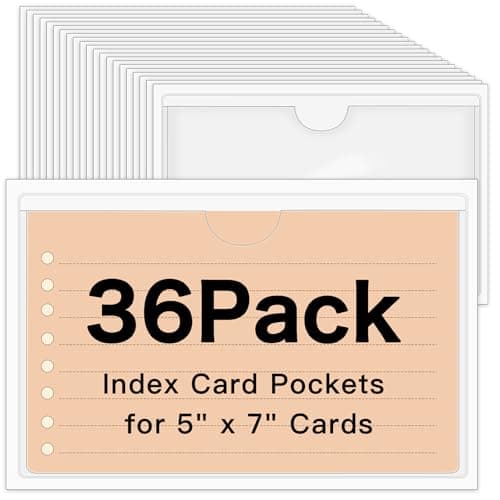 36 Pack Adhesive 5" x 7" Index Card Pockets with Top Open for Loading, Clear Plastic Labels Holders for Storage Bins Organizing Library Card Totes Shelves