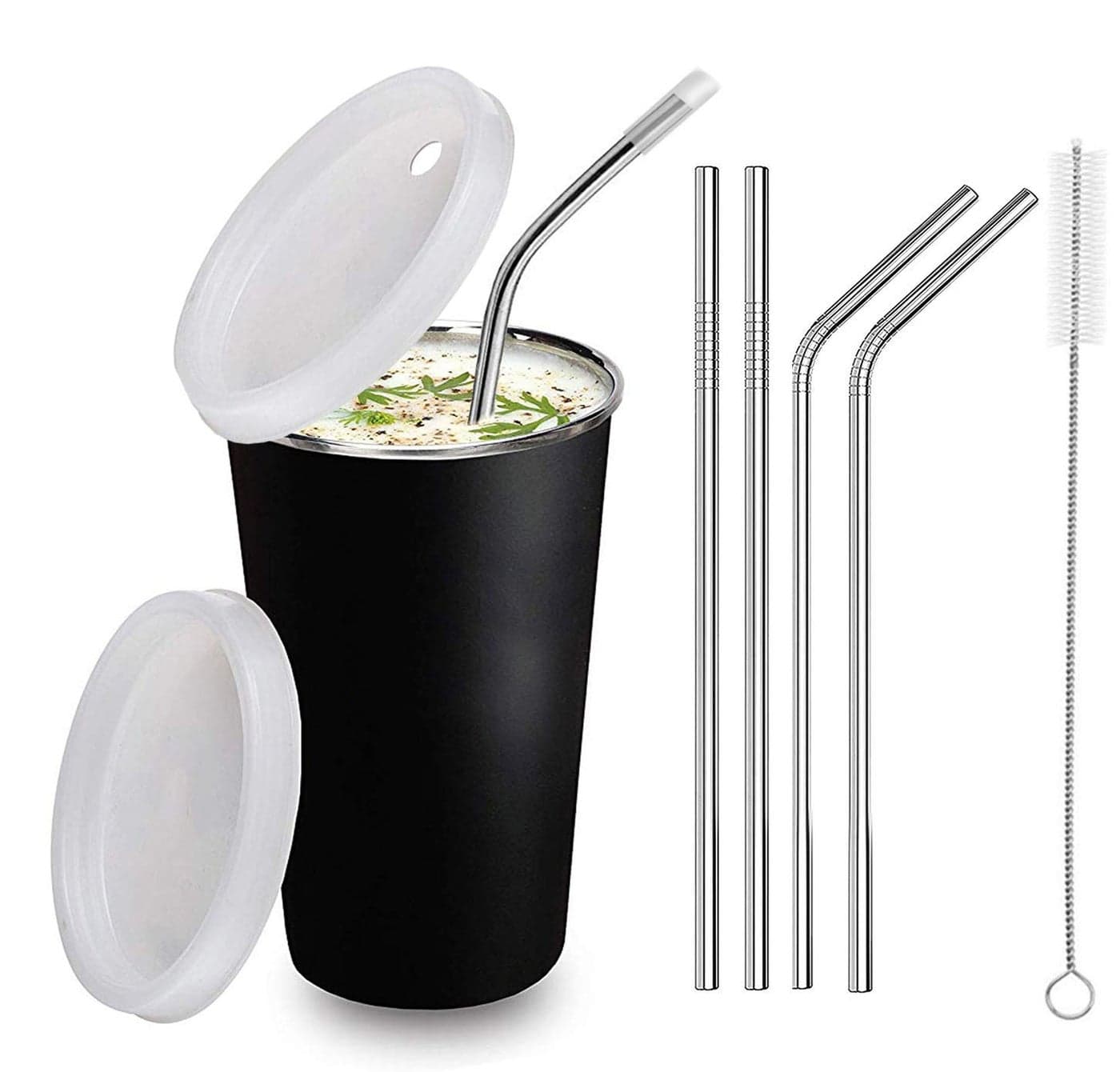 NOBILEA Stainless Steel Tumbler with Silicon Aperture Steel Lid Leak Proof with 2 Bend and 2 Straight Straws 1 Brush Glass Tumbler Steel lid Steel Glass with Lid Capacity 300MLBlack