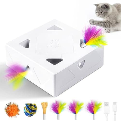 Interactive Cat Toys Migibox for Indoor Bored Cats Automatic Pop Out Feathers from 7 Holes Randomly Motion Activated USB Rechargeable Purple Skin