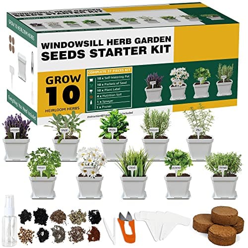 Meekear 10 Herb Seeds Garden Starter Grow Kit with White Pots, Markers, Nutritional Soil, Watering, Herb Clipper, Complete Indoor Potted Plant Growing Set for Kitchen DIY