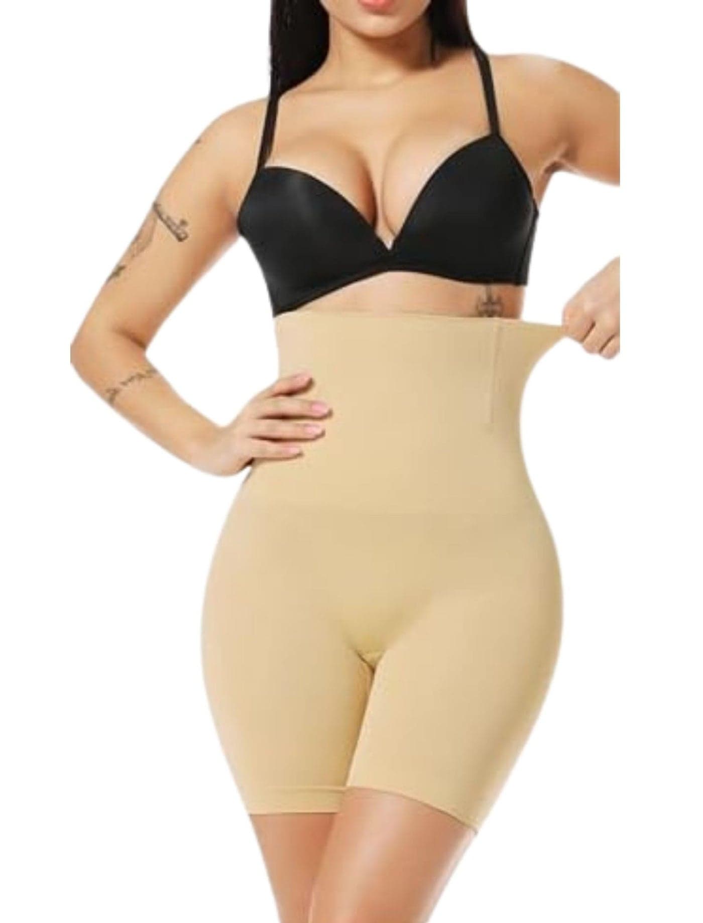 KROYWEN Women’s Nylon Spandex No Rolling Down High Waist Tummy Control/Tummy Tucker/Butt Lifter/Body Shaper Shapewear with Lace (Beige)