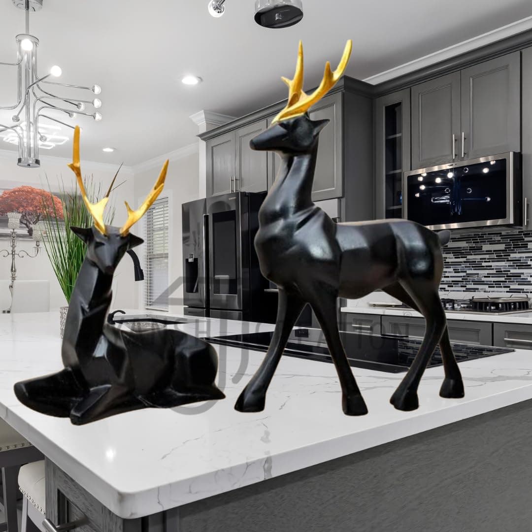 J JIYANSH CREATION Lucky Deer Statue Showpiece for Home Decor Living Room Gifting Polyresin Black 15cm