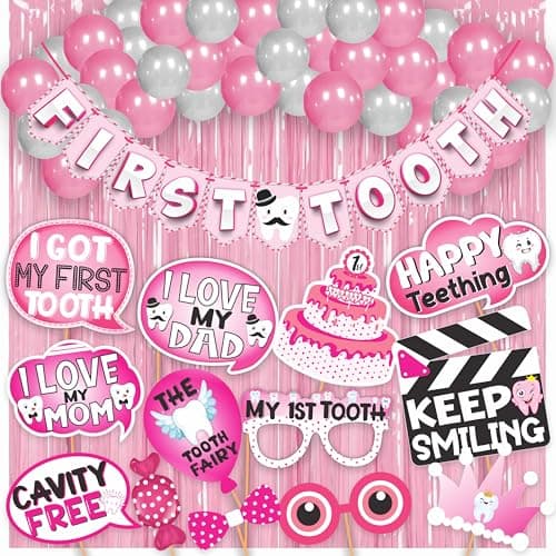WOBBOX First Tooth Pink 13 Pcs Party Props With Bunting Banner, Pink & White Stylish Font, Balloons & Foil Curtain Decoration