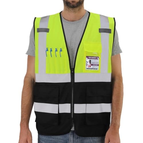 Dib Safety Reflective Vest High Visibility with Pockets and Zipper, Yellow and Black S