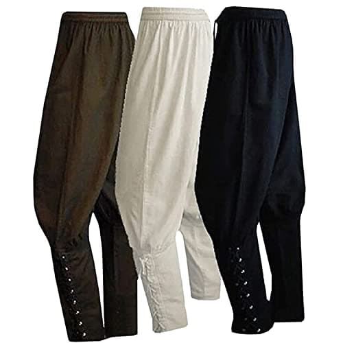 Men's Ankle Banded Pants Medieval Viking Navigator Pirate Costume Trousers Renaissance Gothic Pants, White, XX-Large