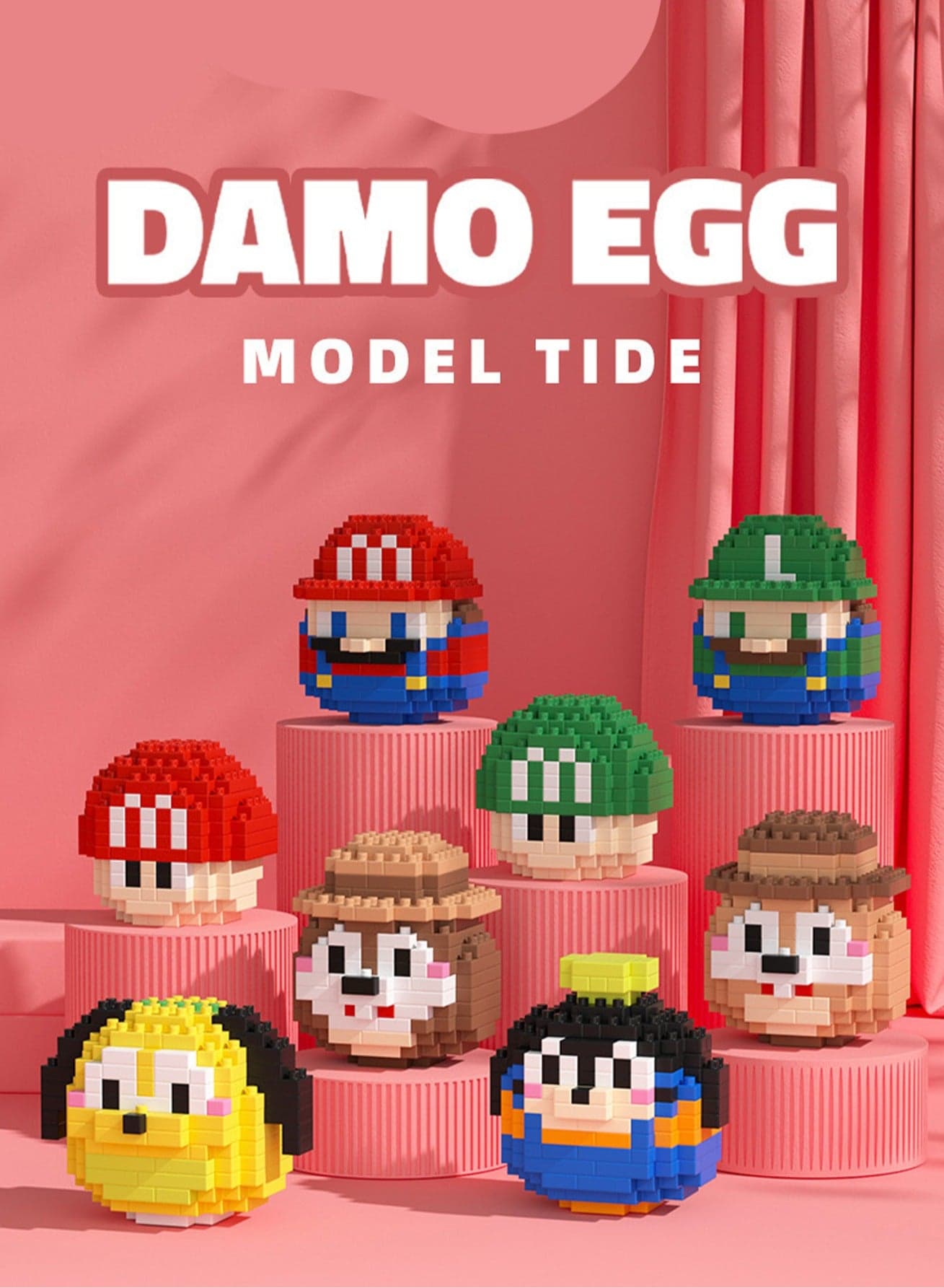 Daruma Egg Cartoon Doll Series Building Blocks Desktop Ornaments Children's Assembly Toys - Super Mario 8-piece Set, Holiday Gift/Birthday Gift/Children's Toy