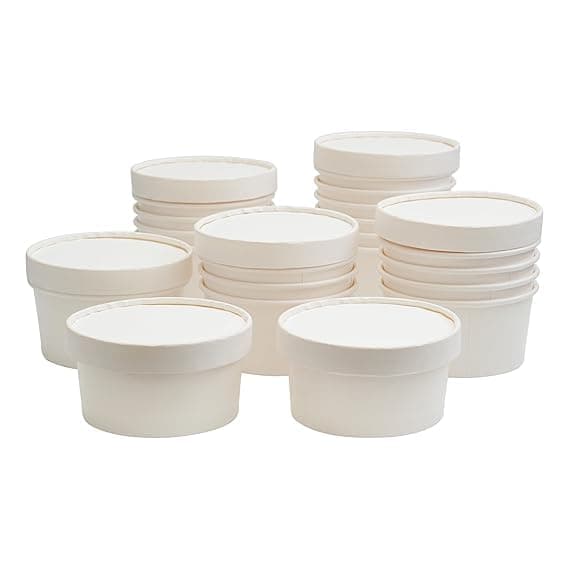 SANWALSA [150 ml, 15 Count, White Disposable Bagasse Paper Container with Lid | Eco-Friendly Bowl/Tub for Picnic, Travel, Food Truck | Ideal for Both Hot & Cold Food