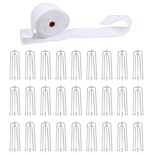 Curtain Pleat Tape, 11 Yards Pleater Curtains Tape with 50 Pcs Stainless Steel Pleater Hooks with 4 Prongs, Pinch Pleat Curtain Drapes Tape for Handmade DIY Pleated Curtain