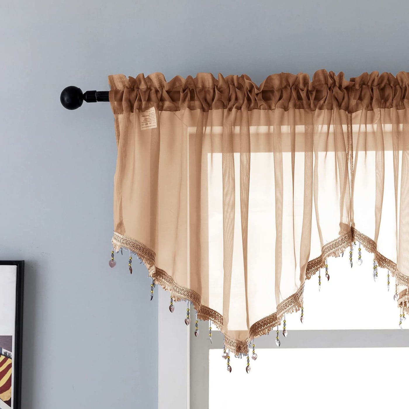 Beaded Sheer Valance Curtains for Living RoomRod Pocket Farmhouse Window Valance Bead Trim Tassel Voile Sheer Curtain Valance for Bedroom Bathroom Cafe 51x24 Inches Brown 1PC