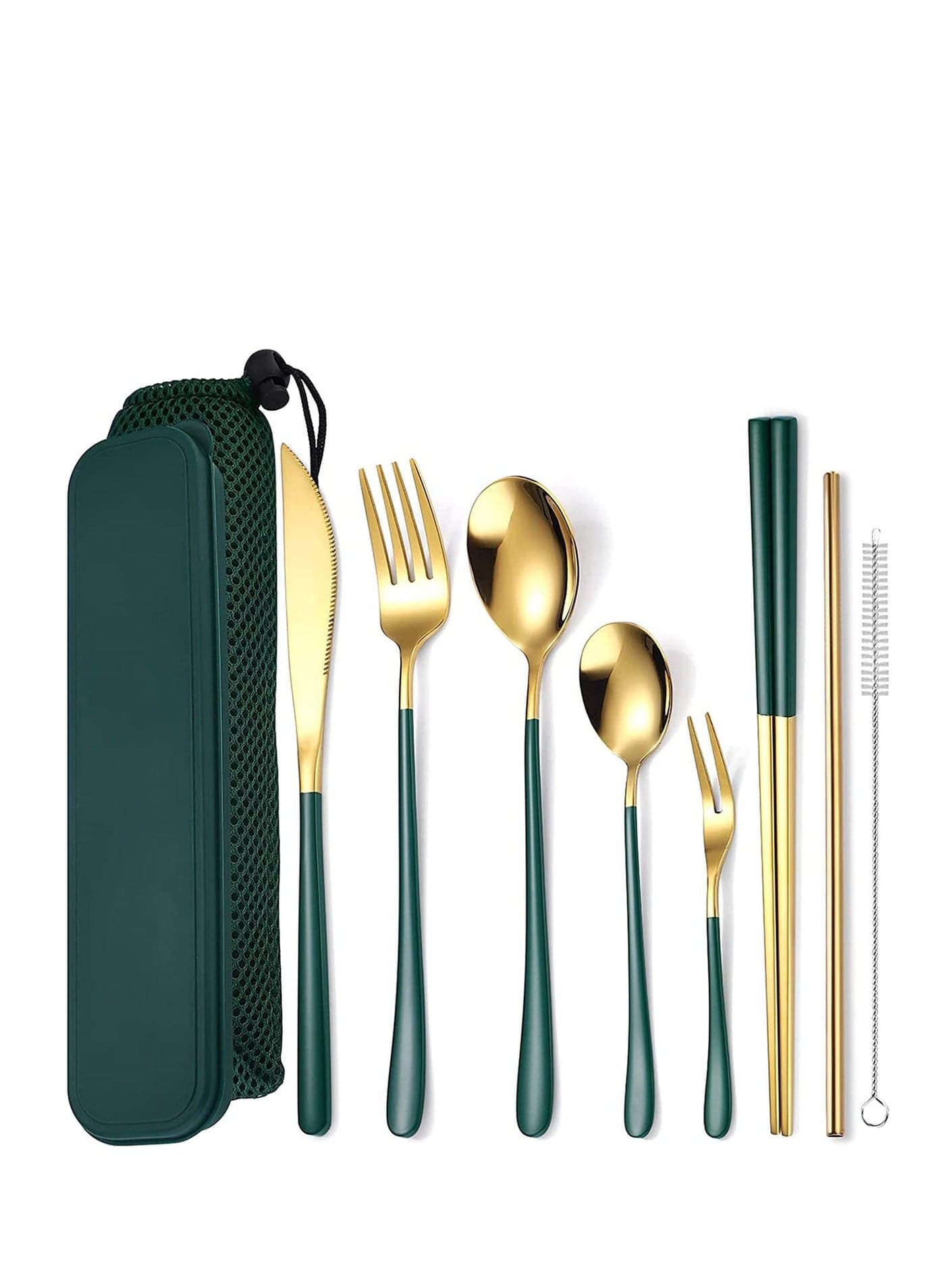 Portable Reusable Cutlery Set, Travel Utensils Set with Case, Stainless Steel Flatware Including Knife Fork Spoon Chopsticks Straws Brush, Dishwasher Safe (8Pcs Green golden)