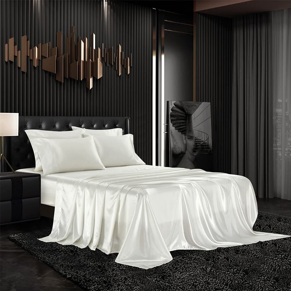 AiMay 6 Piece Satin Bed Sheet Set Deep Pocket Luxury Rich Silk Silky Super Soft Solid Color Reversible StainResistant Wrinkle Free KingOff White