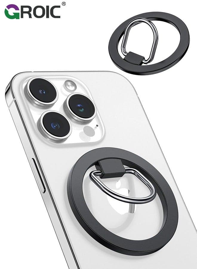 3-in-1 Design Black Magnetic Phone Grip for Magsafe Dual-Sided Magnetic Phone Ring Holder, Magnetic Phone Ring Stand Finger Grip Kickstand and Stand, MagSafe Accessories for iPhone 15/14/13/12