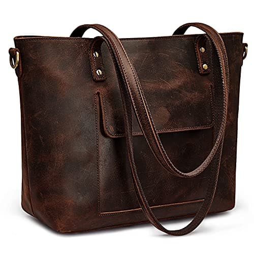 S-ZONE Women Genuine Leather Tote Bag Shoulder Handbag Vintage Crossbody Purse Dark Brown