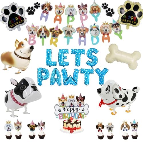 Lets Pawty Dog Birthday Party Decorations Boy Girl Pawty Puppy Themed Happy Birthday Banner Dog Paw Print Balloons Cake Toppers Blue