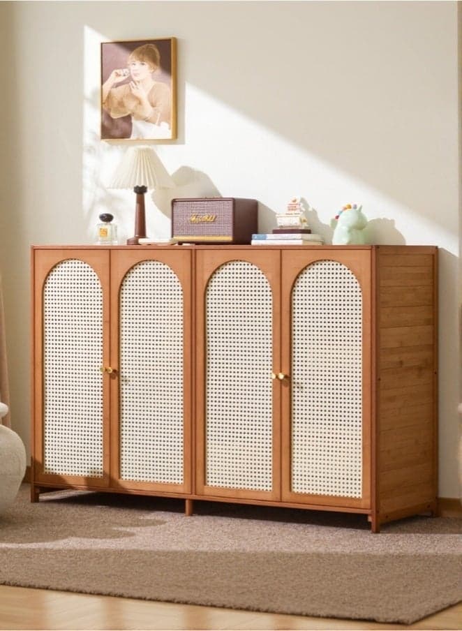 Rattan Storage Cabinet with 4 Doors, Boho Sideboard Buffet Cabinet Solid Wood Farmhouse Credenza Cabinet Dustproof Display Cabinet Locker Bookcase Display Shelves with Adjustable Shelves for Living Room Kitchen Entryway Hallway