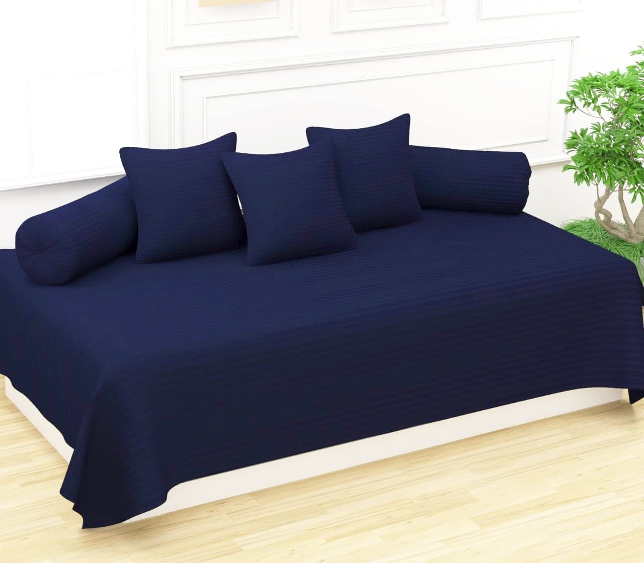 Trance Home Linen 200TC Striped Diwan Set 100% Cotton 6 Piece |Dewaan Bedsheet Sets (Set of 6 Pcs, 1-Bed Sheet 54x88 Inch | 2-Bolster Cover 16x32 Inch | 3-Cushion Cover 16x16 Inch)- Dark Blue