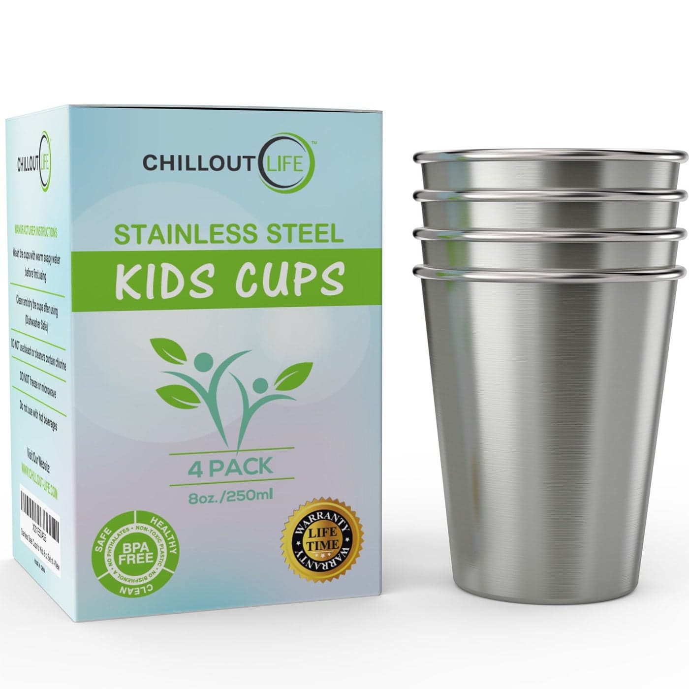 CHILLOUT LIFE Stainless Steel Cups for Kids and Toddlers 8 oz Stainless Steel Sippy Cups for Home Outdoor Activities BPA Free Healthy Unbreakable Premium Metal Drinking Glasses 4Pack