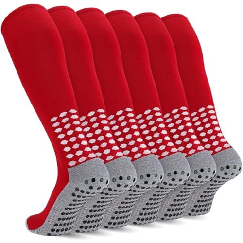 Regilt 3 Pairs Kids Youth Grip Soccer Socks, Non Slip Knee High Soccer Football Sport Socks for Boys Girls Age 8-17 (US, Alpha, Large, Regular, Regular, Red)