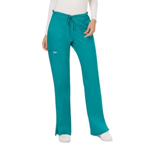 WW Revolution by Cherokee Women's Mid Rise Moderate Flare Drawstring Pant Petite, Teal Blue, Small Petite