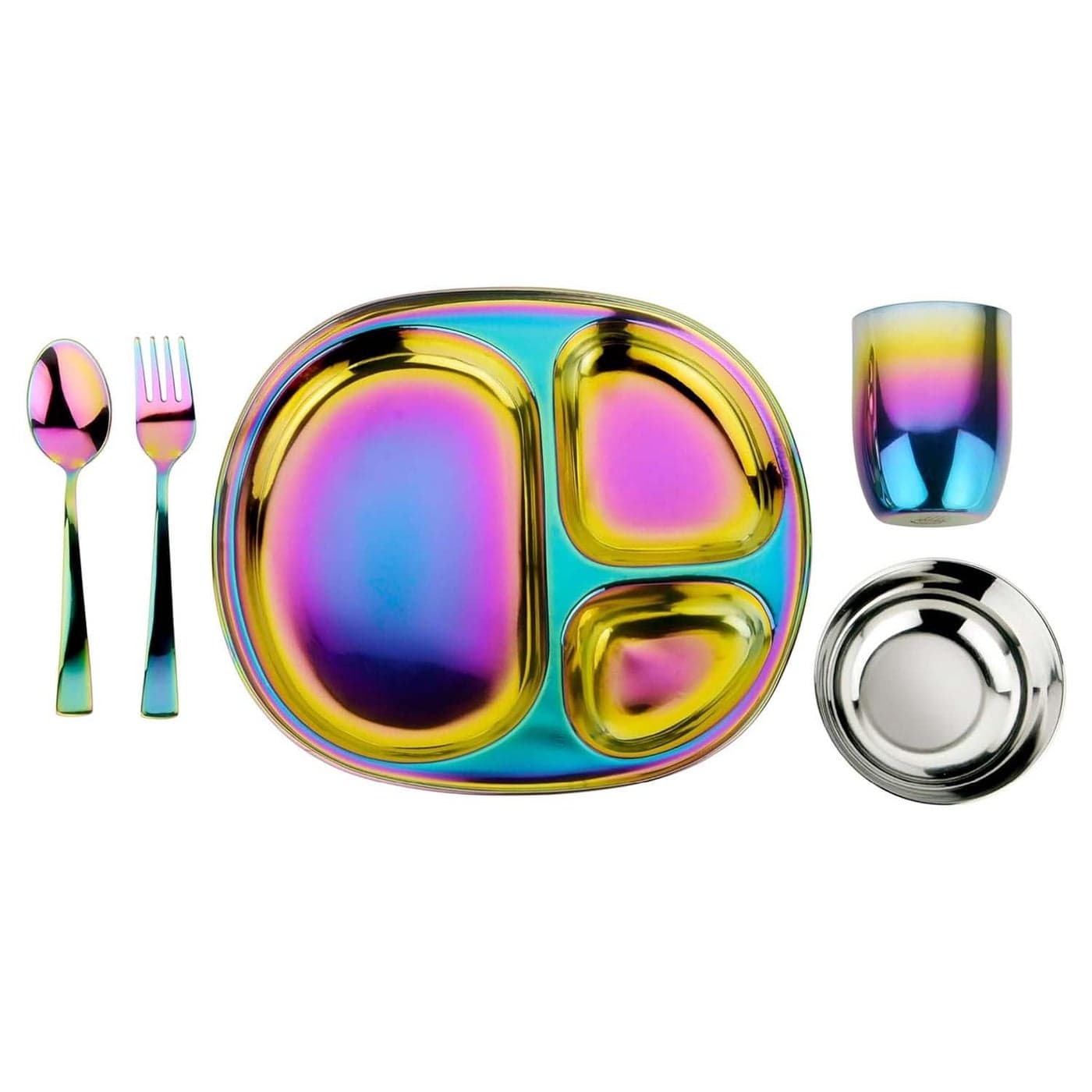 Ahimsa Stainless Steel Kids Dinnerware Set 5 Piece Stainless Steel Toddler Plates and Bowls Set Pediatrician Designed Non Toxic Toddler Plate and Bowl Kids Utensils and Cup Rainbow