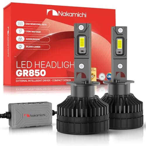 Nakamichi GR850 Series H1 LED Light Bulbs for Replacement, 30,000 Lumens 170W Per Set, Super Bright Cool White, Plug and Play, High & Low Beam, Pack of 2 6000K, H1