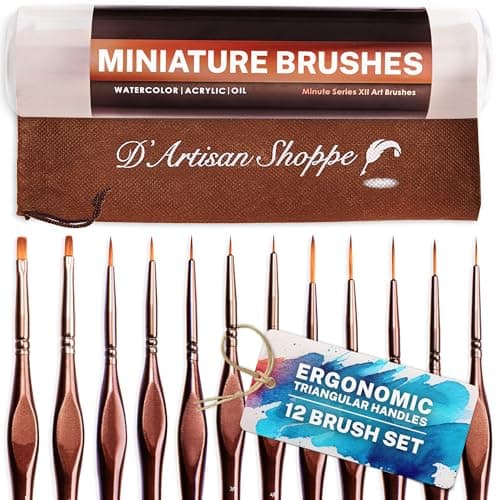 Miniature Paint Brushes Set 12pc by DArtisan Shoppe Fine Tip Detail Brush Set for Miniatures and Models Paint by Numbers Acrylic Watercolor Gouache Oil Ergonomic Handles Storage Case