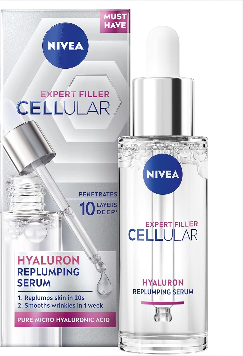 NIVEA Cellular Expert Filler Hyaluron Acid Replumping Serum 30ml AntiAgeing Face Serum For Visibly Smoother Hydrated and Supple Skin Dermatologically Approved Hyaluronic Acid Serum