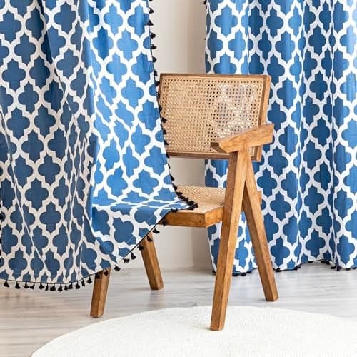 HOMEMONDE Cotton Window Semi Sheer Grommet Curtains 5 Feet- Boho Printed Thick Drapes with 3 Sides Fringes, Decorative for Living Room Bedroom, Balcony- 60 Inches, Blue