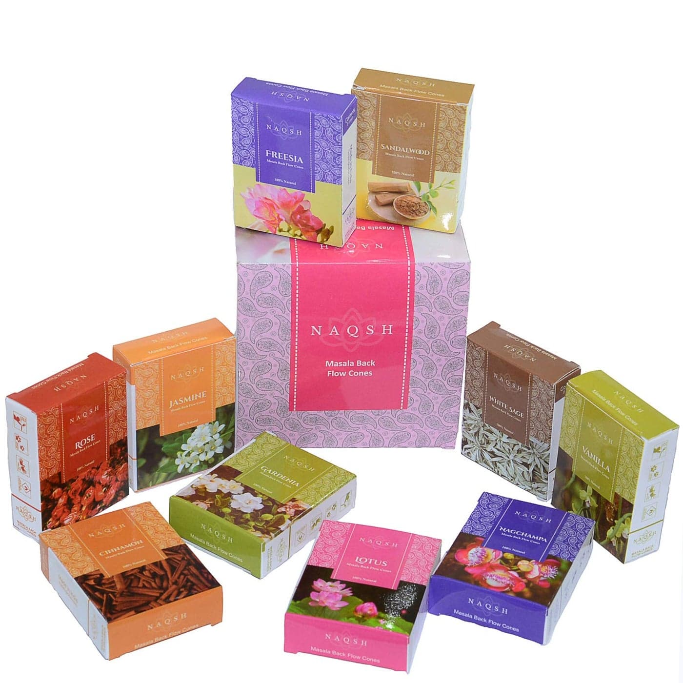 Premium Masala Back Flow Cones NAQSH Masala Back Flow Natural Incense Cones Assorted 10 Fragrances with 8 Cones Each