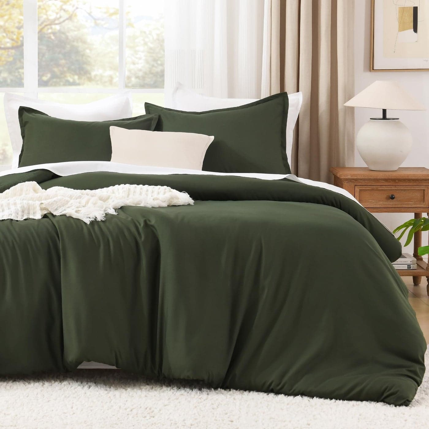 Litanika Dark Olive Green Comforter Set Queen 3 Pieces Solid Bedding Comforter Set All Season Fluffy Bed Set 90x90In Comforter 2 Pillowcases
