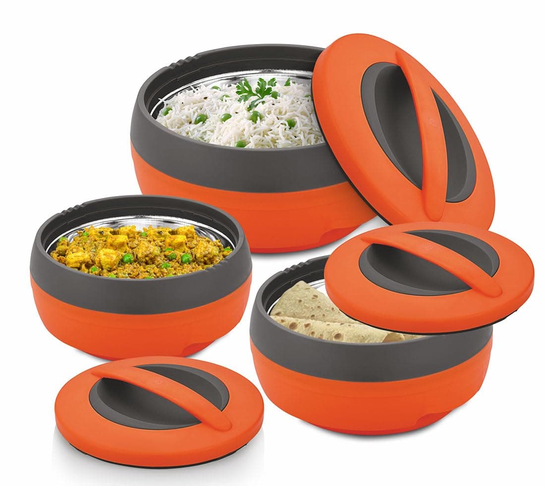 ASIAN Inner Steel Casserole (600 ml, 1000 ml, 1500 ml) Gift Set of 3,| PU Insulated | BPA free | Food Grade | Easy to Carry | Easy to Store | Ideal For Chapatti | Roti | Serving Casserole Orange.