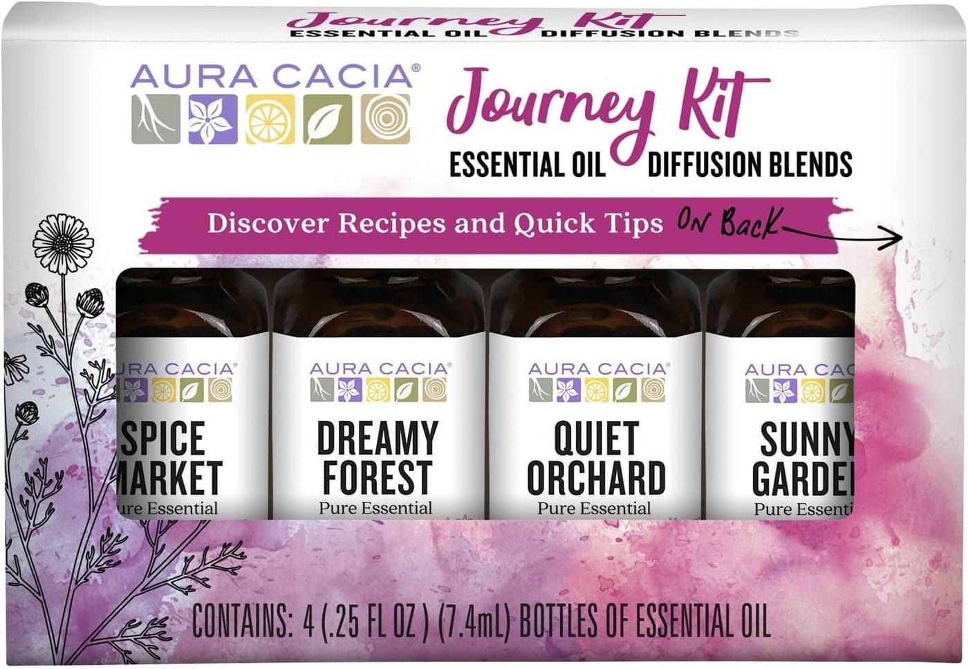 Aura Cacia Journey Essential Diffusion Oils Kit, 4-Pack, Spice Market, Dreamy Forest, Quiet Orchard & Sunny Garden Pure Oils
