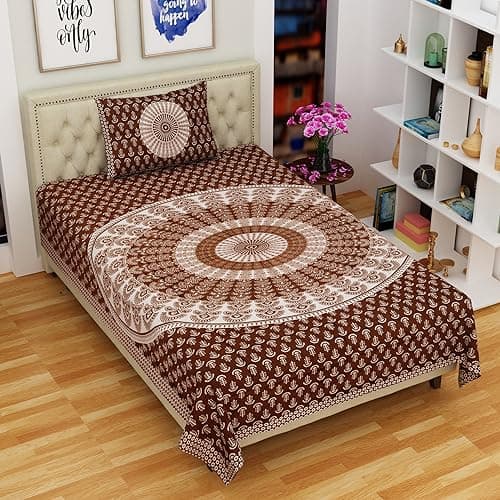 RajasthaniKart® Comfort Rajasthani Jaipuri Traditional Sanganeri Print 144 TC 100% Cotton Single Bedsheet with 1 Pillow Cover SB-259 (Brown)