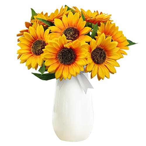Olrla Artificial Sunflowers with Stems,10pcs Faux Silk Yellow Flower for Wedding Bouquet Floral Arrangement Table Centerpieces Home Office Garden Decoration (No Vase