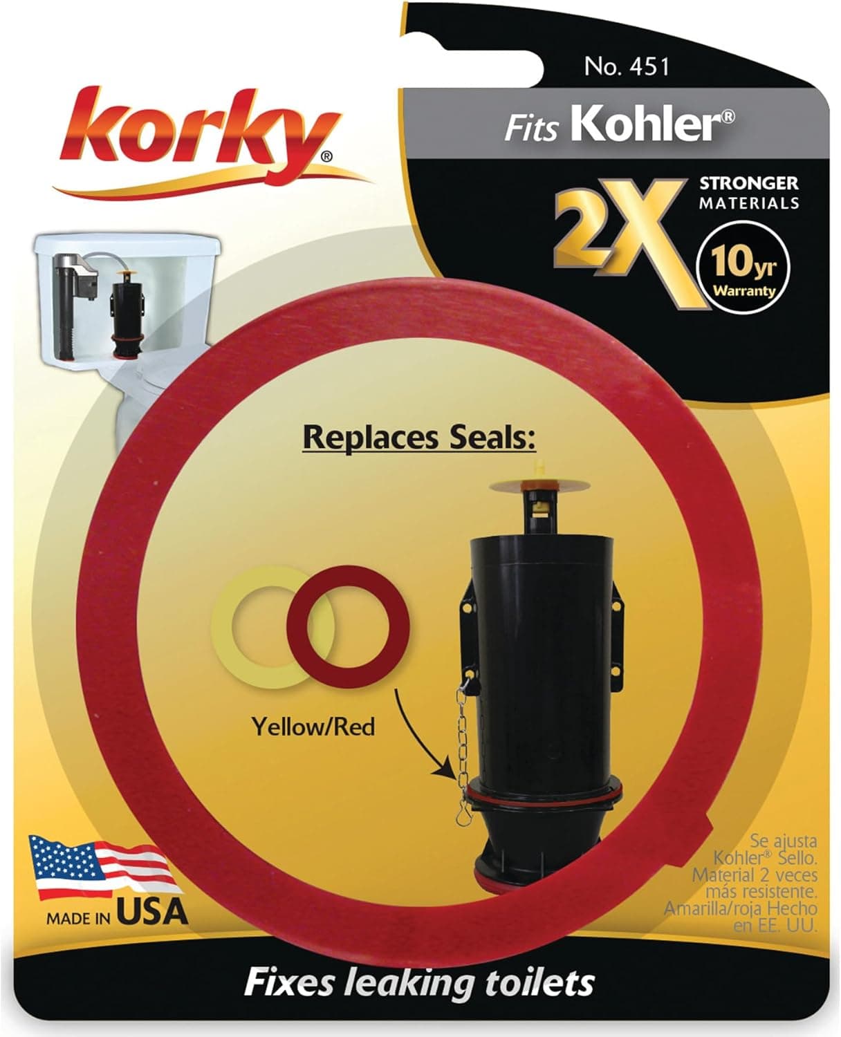 Korky 2X Long Life Toilet Flush Valve Seal Fits Kohler Fixes Leaking Tower Style Flush Valves and HardtoFlush Toilets Easy to Install Made in USA 451 Red