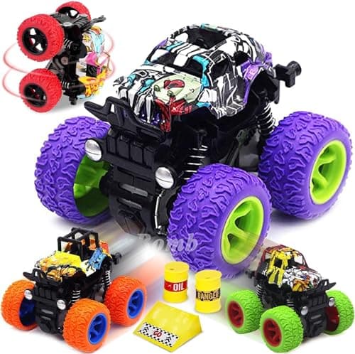 CozyBomB Friction Powered Monster Trucks Toys for BoysGirls Push and Go Car Truck Playset Inertia Vehicle Kids Birthday Christmas Party Supplies Gift 3 Years Old Purple Red Orange Green