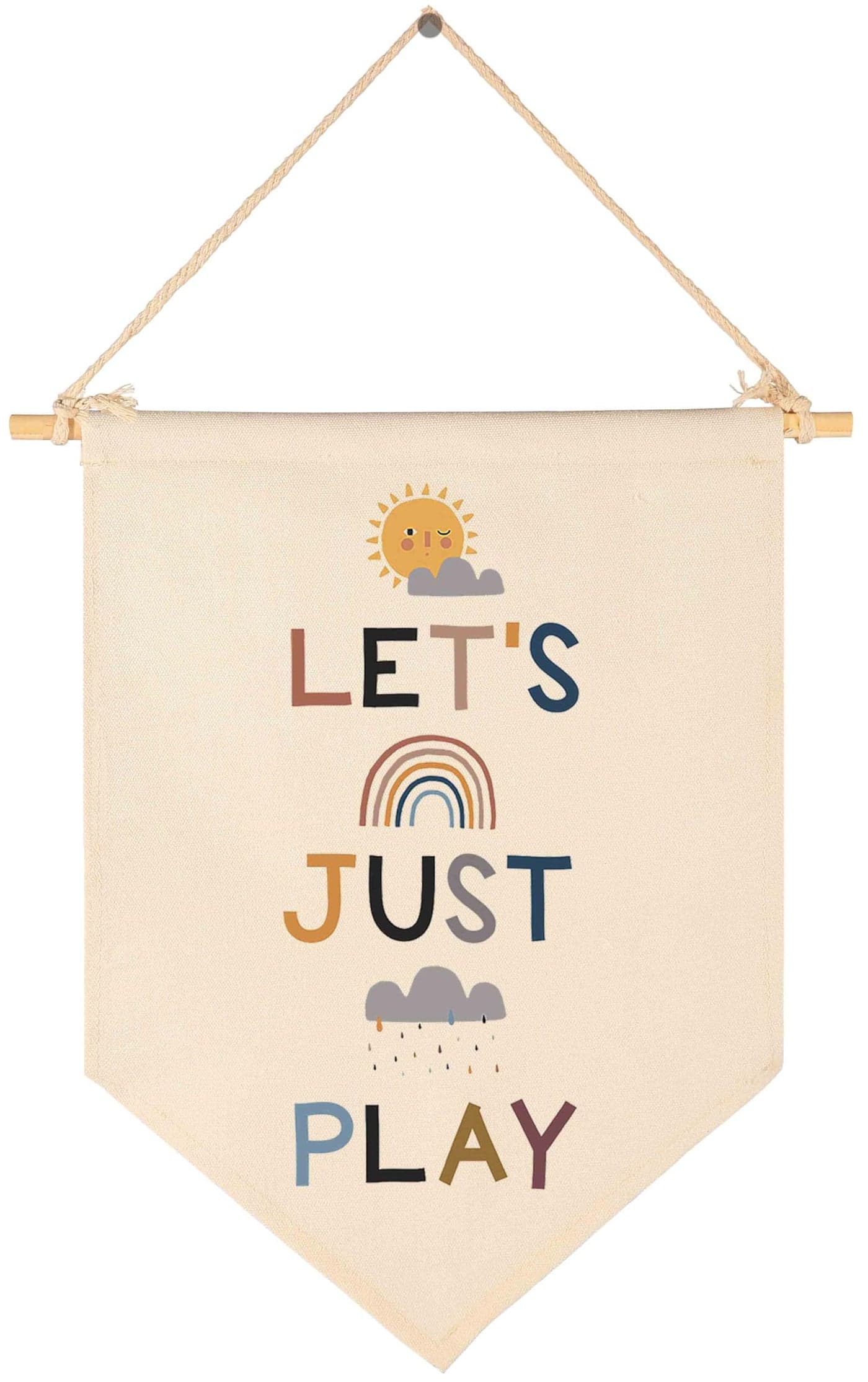 Lets Just Play Canvas Hanging Flag Banner Wall Sign Decor Gift for Baby Kids Gril Boy Nursery Teen Room Front Door SunRainbow Dark Clouds Rains